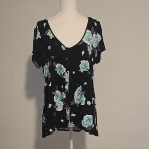 Torrid Black Babydoll Blouse with Aqua Floral Pattern